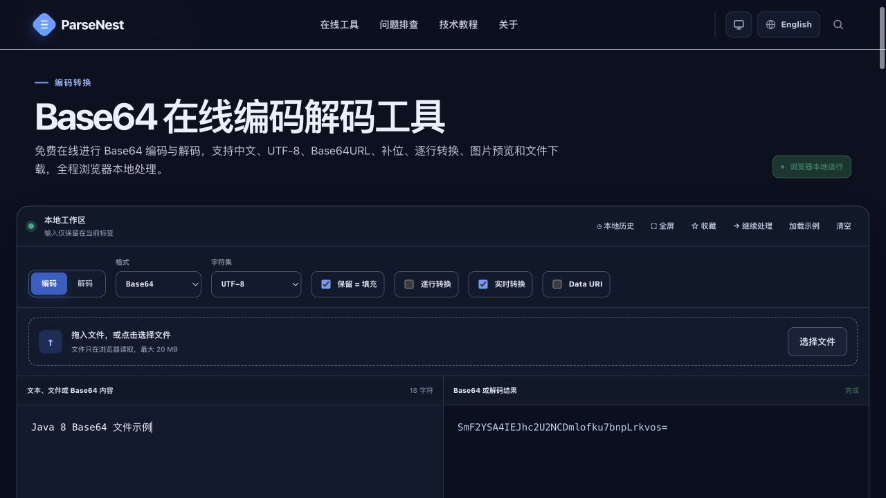 ParseNest Base64 工具验证 Java 8 中文文本编码结果的实际截图